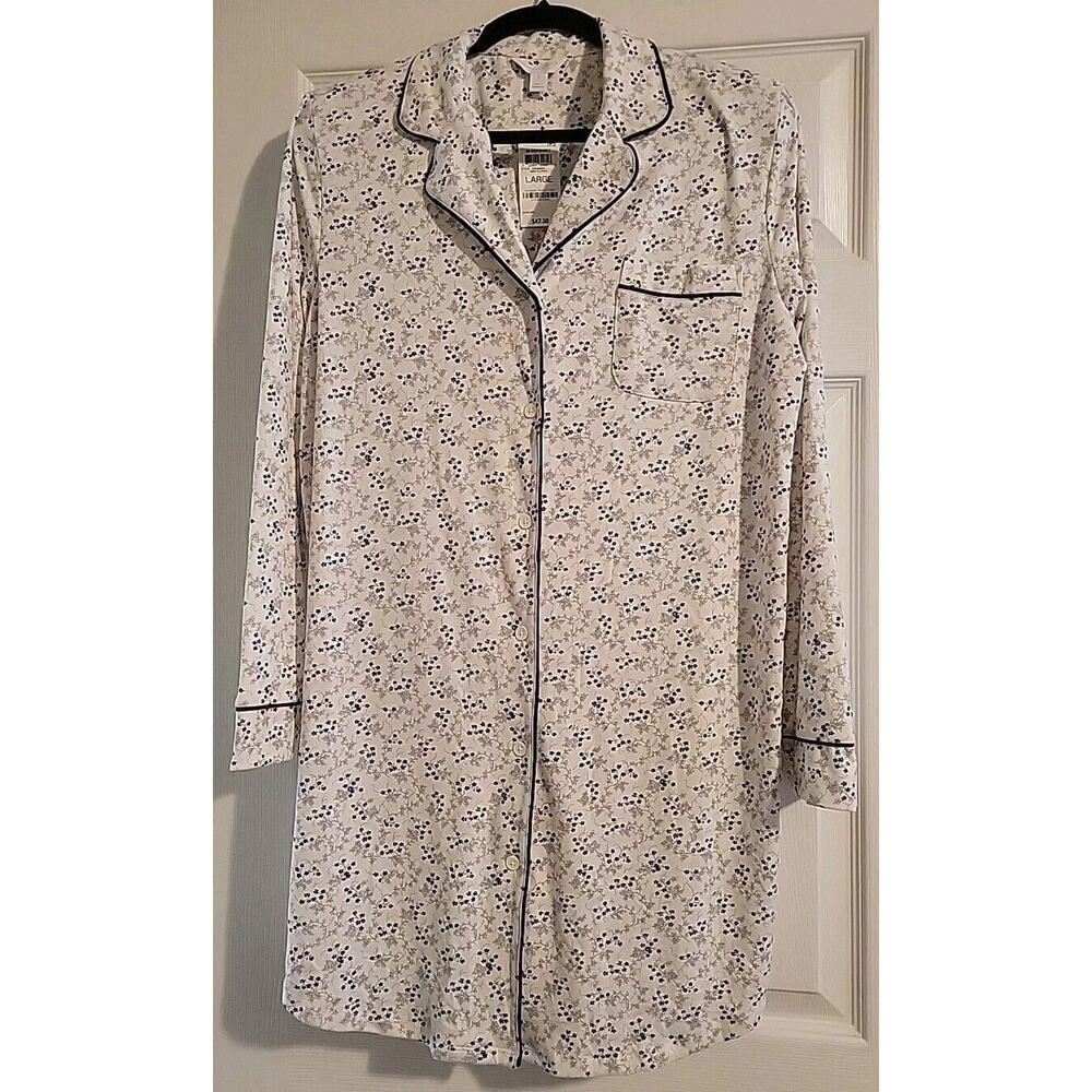 CHARTER CLUB Women's Notched-Collar Button Up Sleepshirt NWT BLACK WHITE Size LG